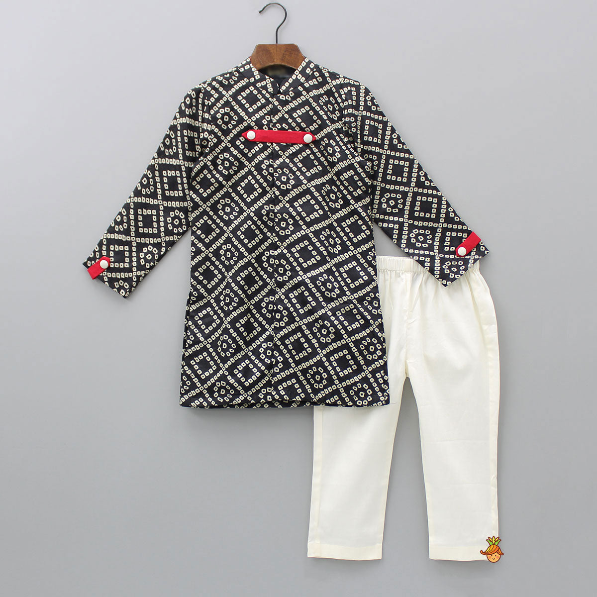 Pre Order: Bandhani Printed Black Kurta With Red Strap And Pyjama