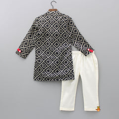 Pre Order: Bandhani Printed Black Kurta With Red Strap And Pyjama