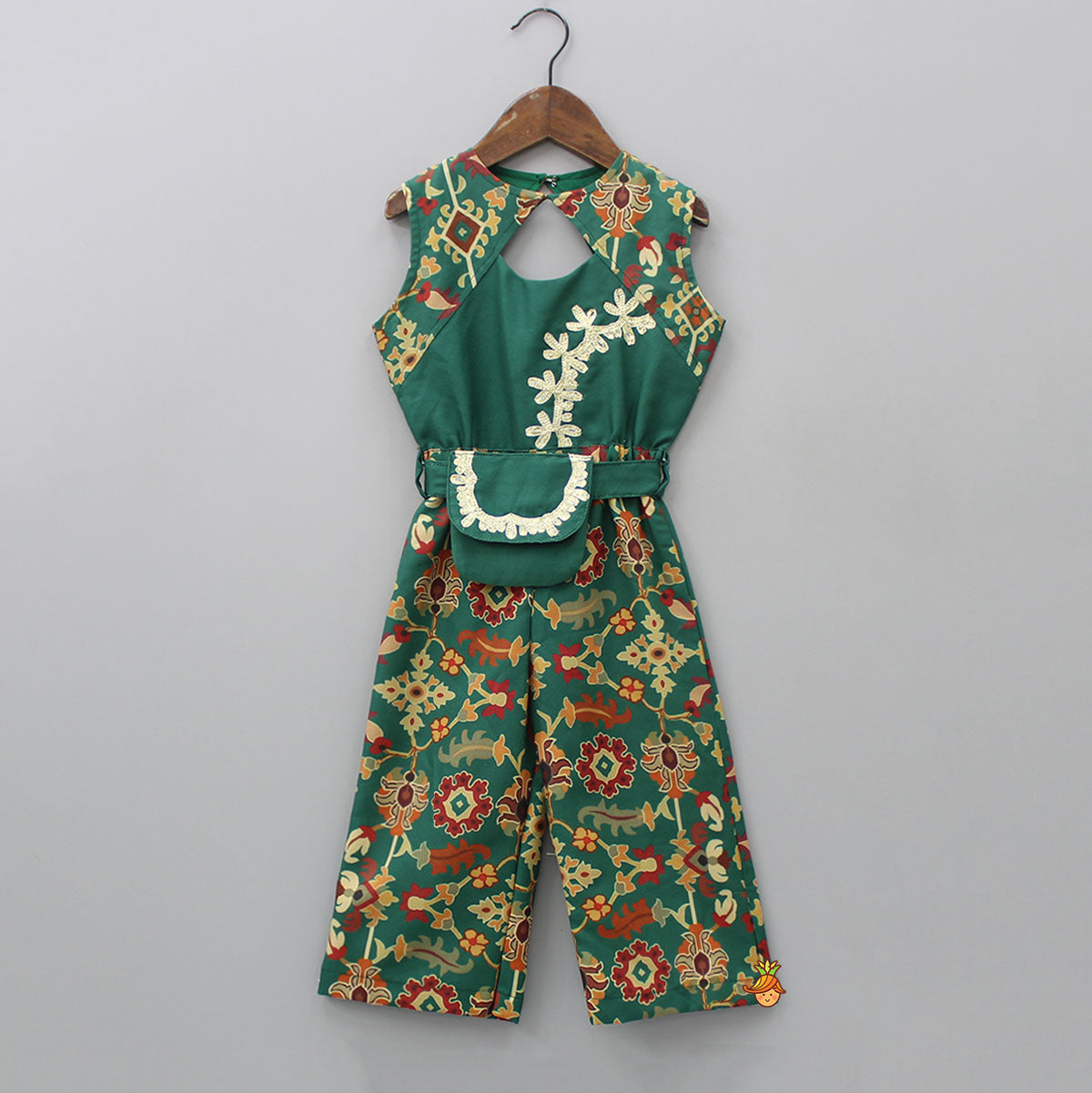 Pre Order: Printed Gota Work Yoke Jumpsuit With Detachable Waist Bag