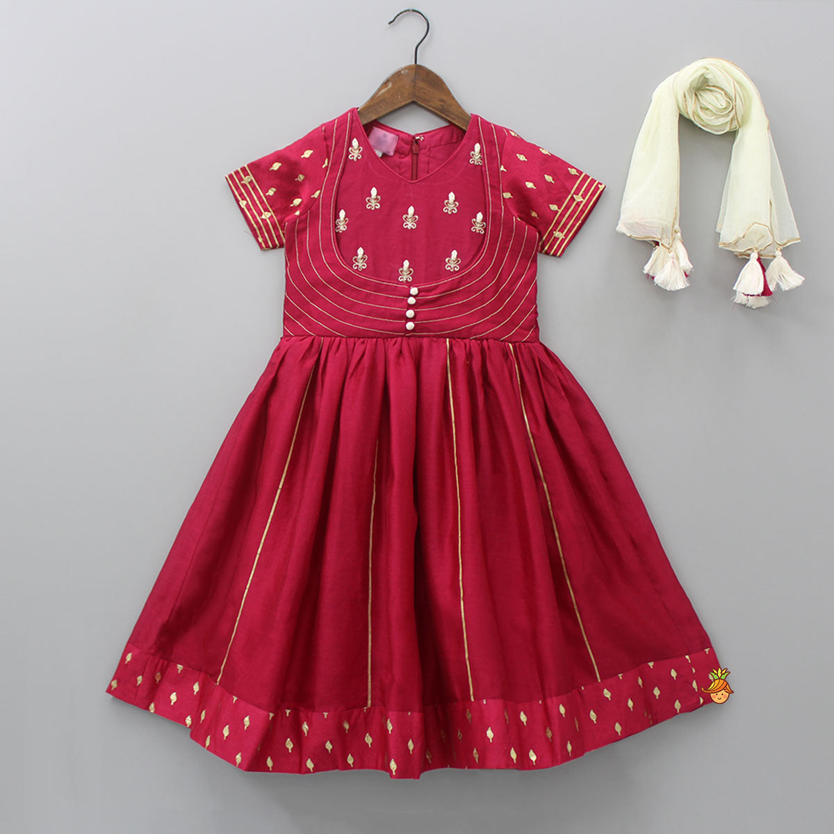 Pre Order: Potli Buttons Detail And Embroidered Yoke Red Anarkali With Off White Net Dupatta