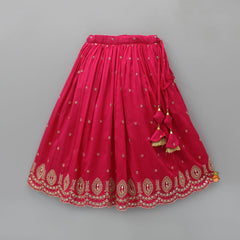 Pre Order: Booti Embroidered Silk Pink Top And Matching Tassels Enhanced Lehenga