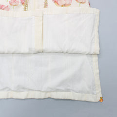 Pre Order: Jacket Style Lotus Printed Off White Kurta And Peach Pyjama