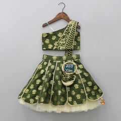 Pre Order: Green Floral One Shoulder Drape Top And Short Lehenga With Matching Hair Band