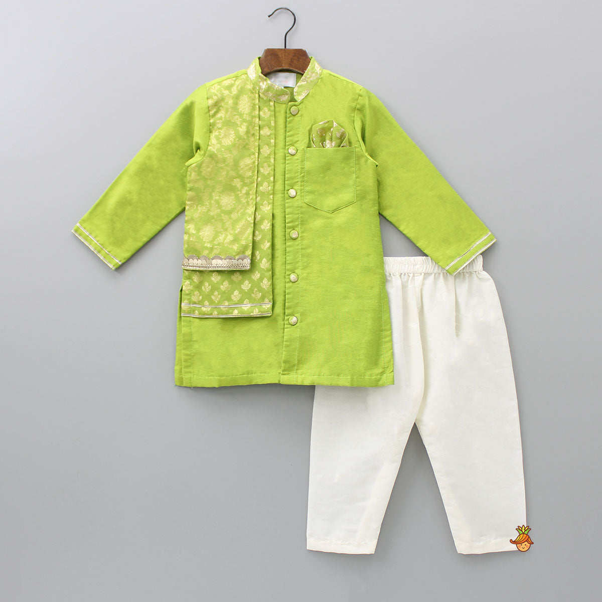 Pre Order: Dual Flap Front Open Green Kurta And Off White Pyjama