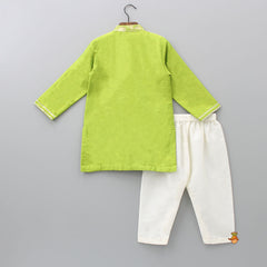 Pre Order: Dual Flap Front Open Green Kurta And Off White Pyjama