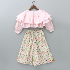 Pre Order: Ruffle Layered Floral Pink Top And Box Pleated Palazzo With Sling Bag