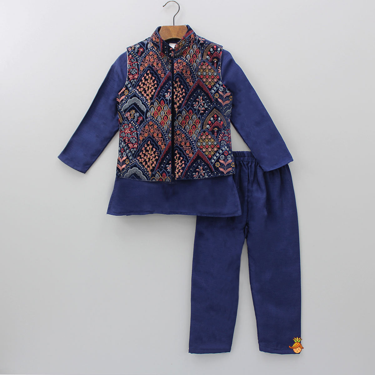 Mandarin Collar Kurta With Velvet Embroidered Open Jacket And Pyjama