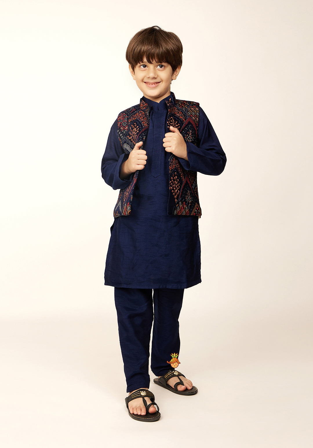 Mandarin Collar Kurta With Velvet Embroidered Open Jacket And Pyjama