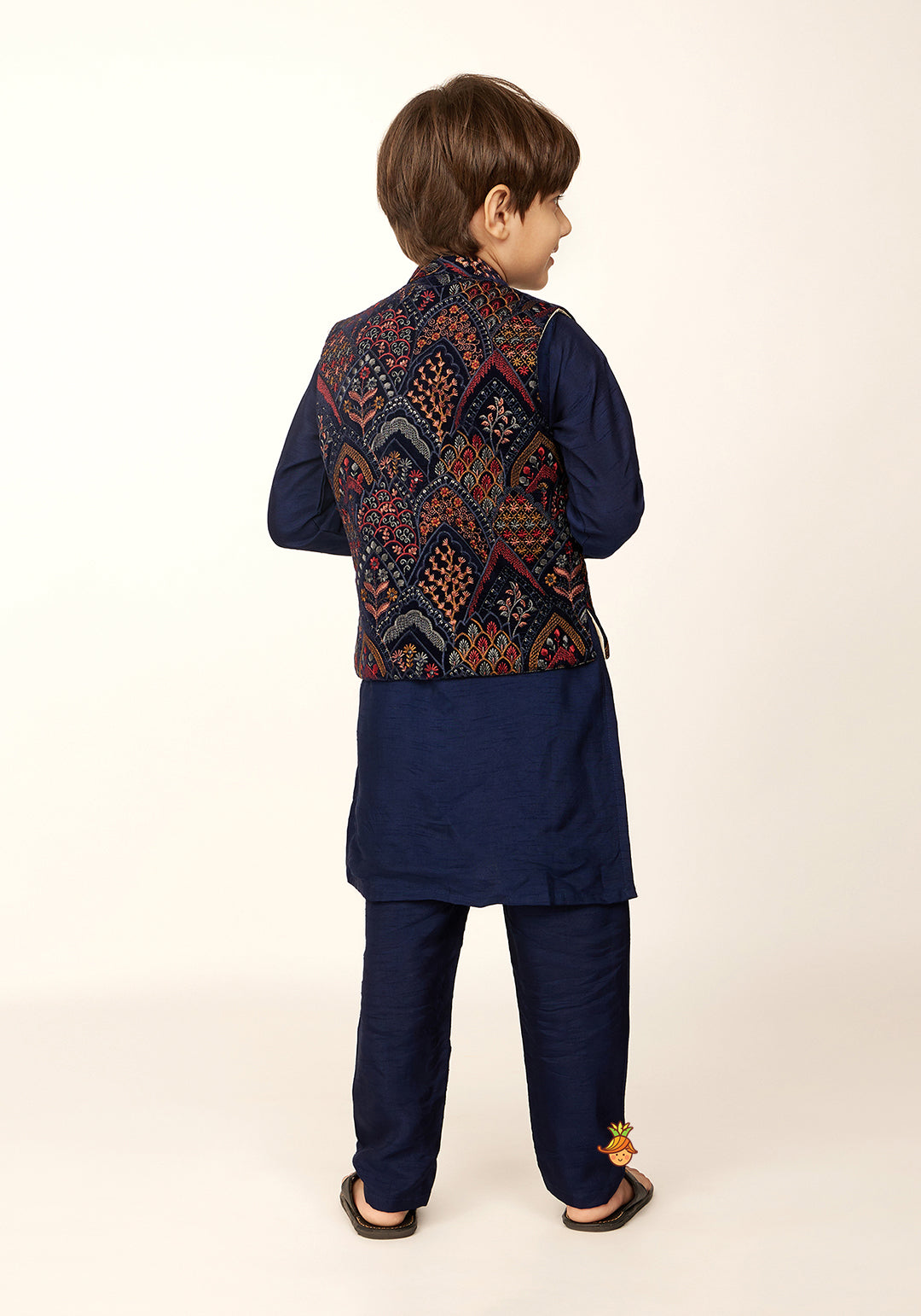 Mandarin Collar Kurta With Velvet Embroidered Open Jacket And Pyjama