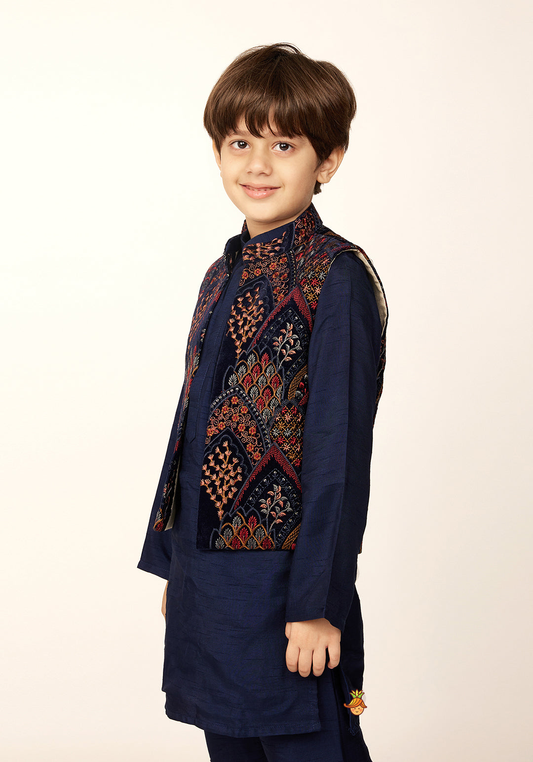 Mandarin Collar Kurta With Velvet Embroidered Open Jacket And Pyjama