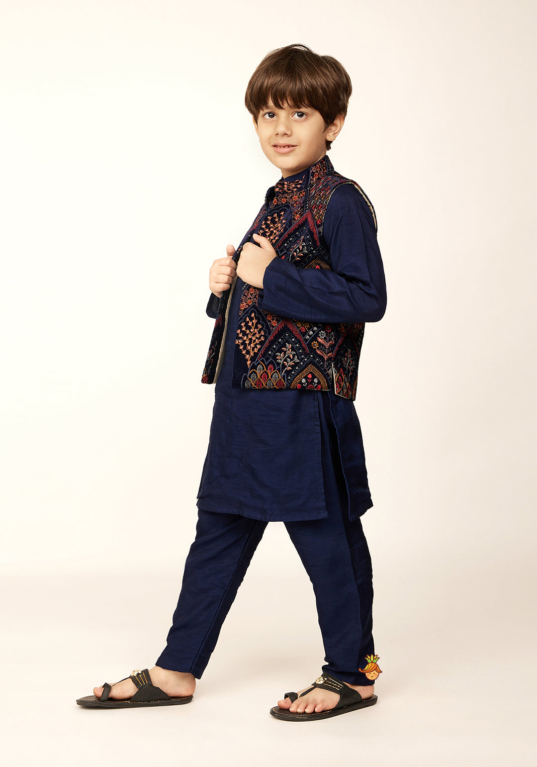 Mandarin Collar Kurta With Velvet Embroidered Open Jacket And Pyjama