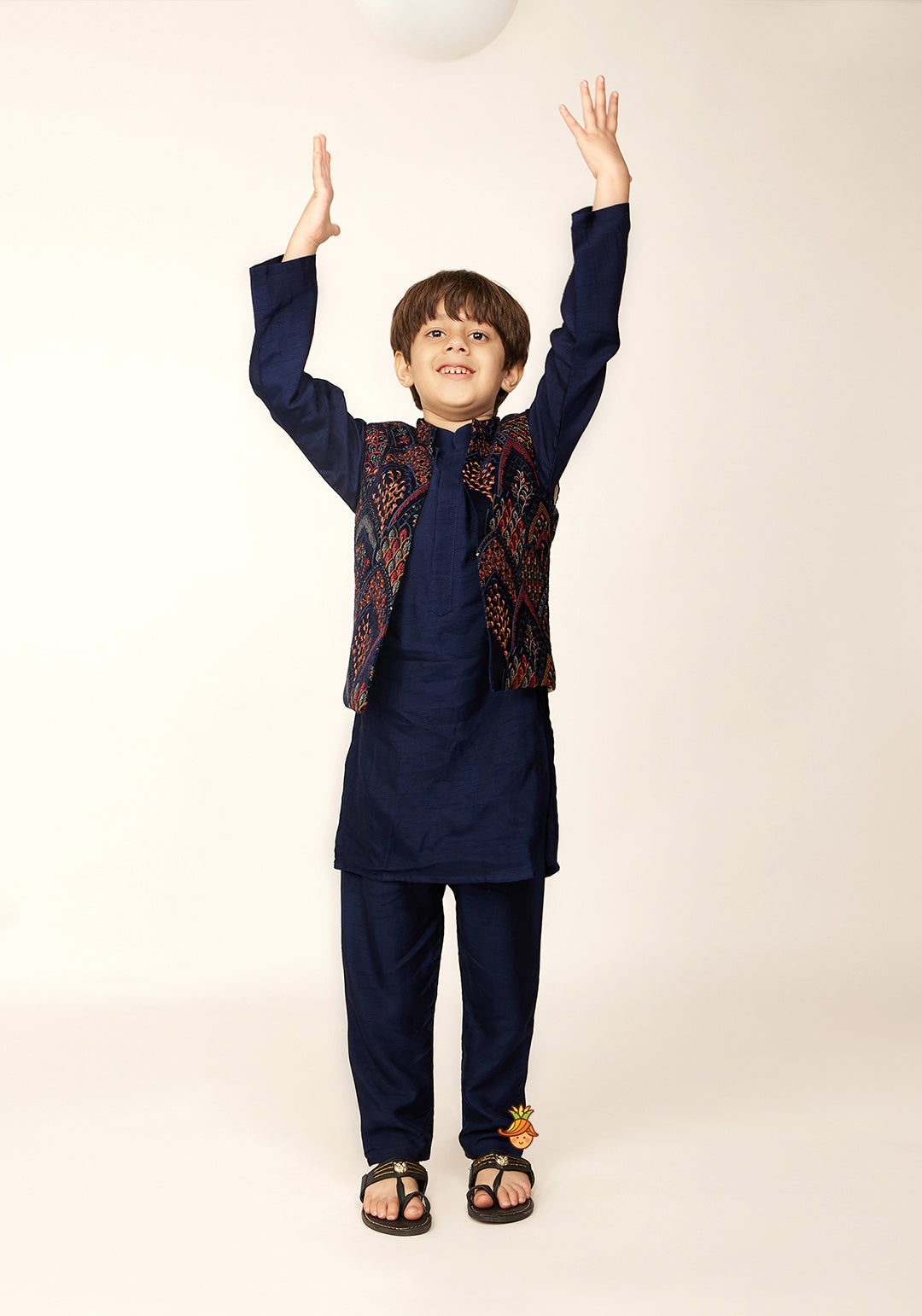 Mandarin Collar Kurta With Velvet Embroidered Open Jacket And Pyjama