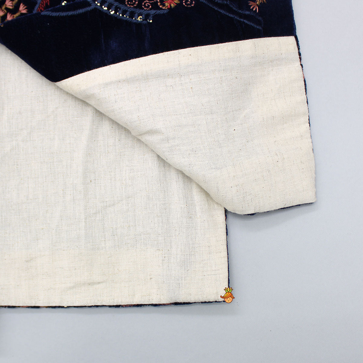 Mandarin Collar Kurta With Velvet Embroidered Open Jacket And Pyjama