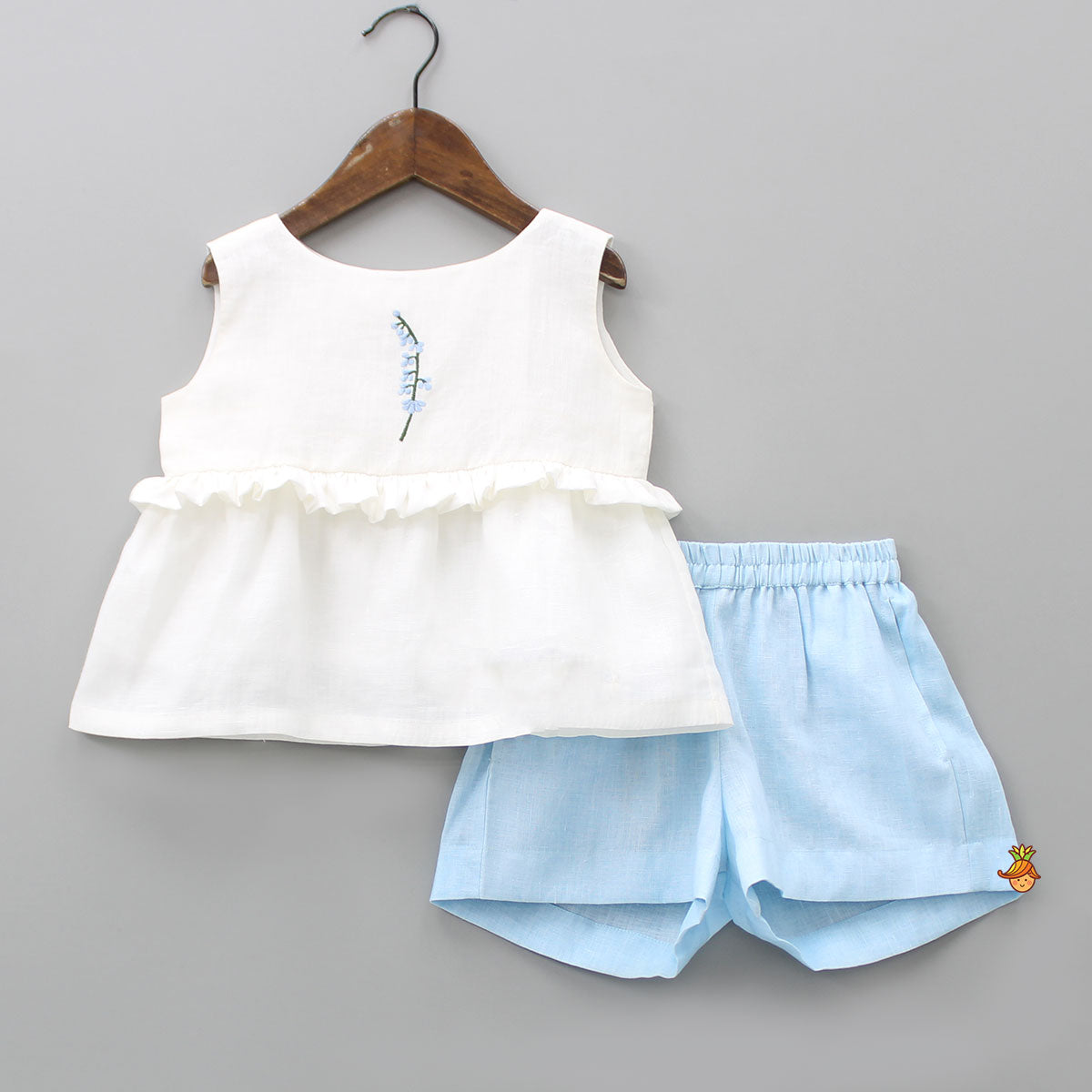 Pre Order: Mini Flower Embroidered Top And Dual Pockets Blue Shorts