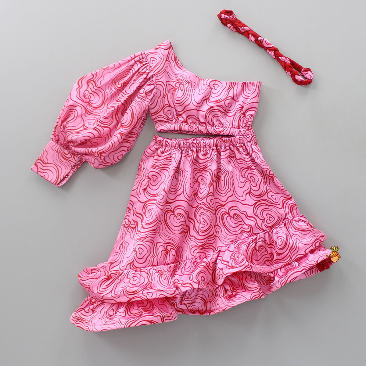Pre Order: Stylish One Shoulder Printed Asymmetric Pink Dress With Braided Head Band