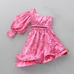 Pre Order: Stylish One Shoulder Printed Asymmetric Pink Dress With Braided Head Band