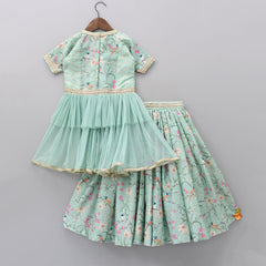 Pre Order: Short Sleeves Net Bottom Green Kurti And Lehenga With Contrasting Dupatta