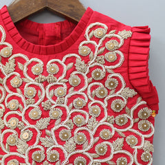 Pre Order: Zardozi Embroidered Red Top With Net Tassels Enhanced Flared Palazzo