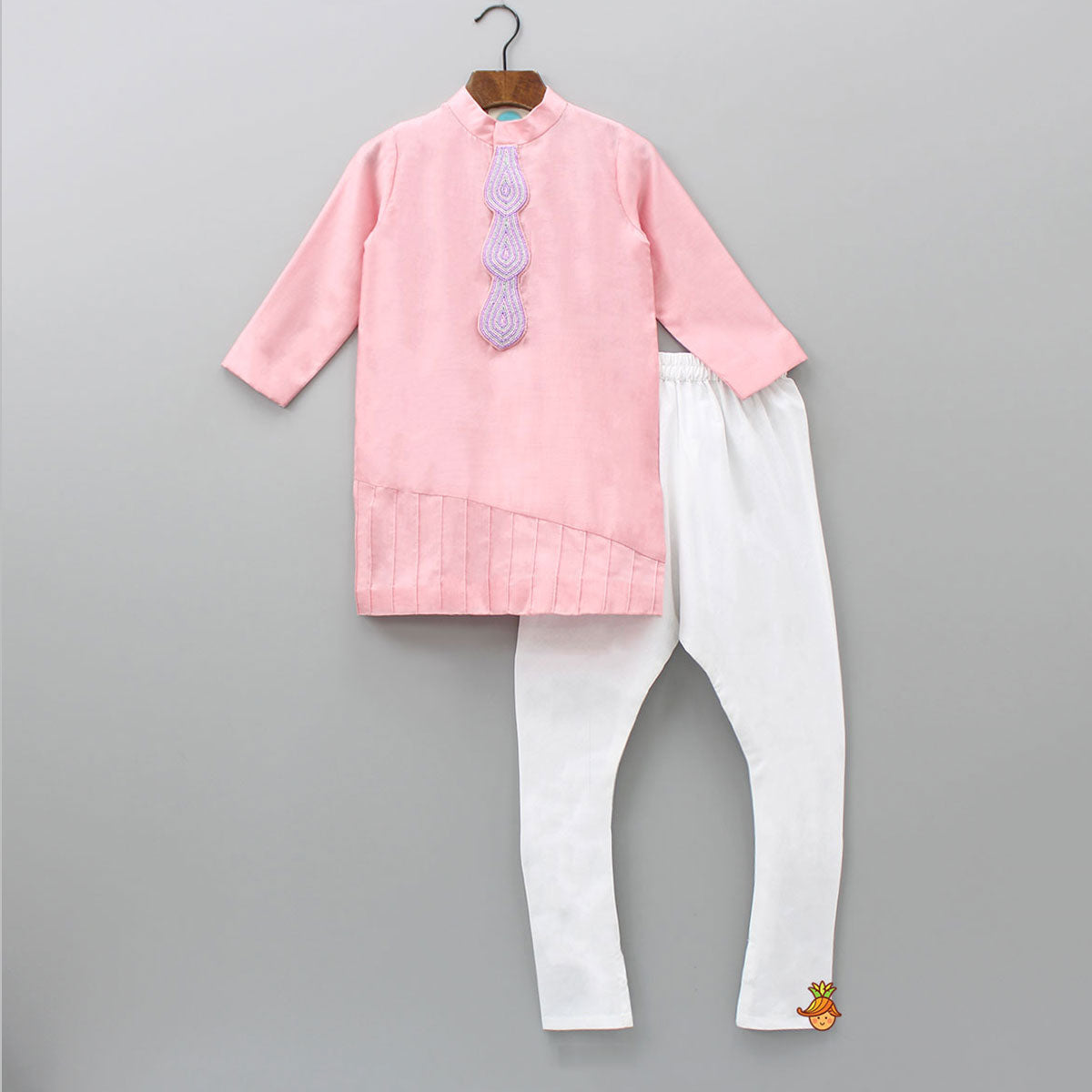 Pre Order: Embroidered Front Placket Pink Kurta And White Churidar