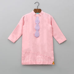 Pre Order: Embroidered Front Placket Pink Kurta And White Churidar