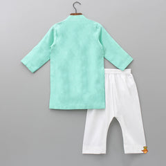 Pre Order: Flower Embroidered Front Open Elegant Green Kurta And White Pyjama