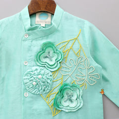 Pre Order: Flower Embroidered Front Open Elegant Green Kurta And White Pyjama