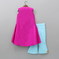 Pre Order: Blue Top With Asymmetric Pink Cape And Flared Pant