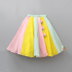 Pre Order: Halter Neck Layered Frilly Multicolour Drape Top And Flared Lehenga