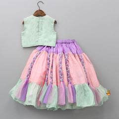 Pre Order: Round Neck Green Top And Braided Lehenga