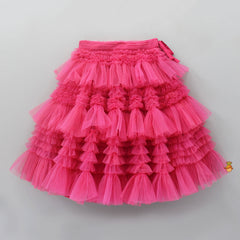 Pre Order: Off White Top And Pink Ruffle Net Lehenga