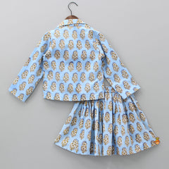 Pre Order: Crop Top With Blue Notch Collar Printed Jacket And Skirt