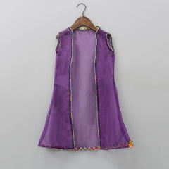 Pre Order: Embroidered Stylish Cut Out Hem Top With Organza Violet Open Jacket And Lehenga