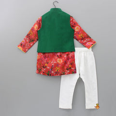 Pre Order: Red Kurta With Sleeveless Diagonal Buttons Detail Green Jacket And Pyjama