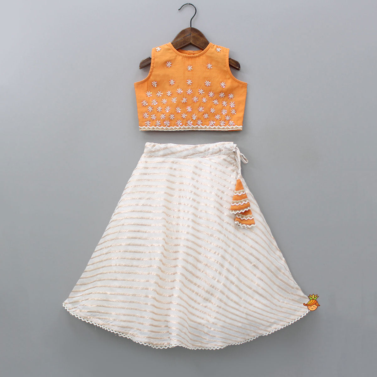 Pre Order: Floral Embroidered Orange Sleeveless Top And Lehenga