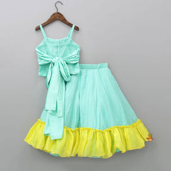 Pre Order: Green Spaghetti Straps Top And Contrasting Hem Flared Lehenga