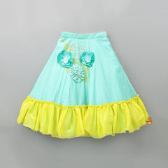 Pre Order: Green Spaghetti Straps Top And Contrasting Hem Flared Lehenga