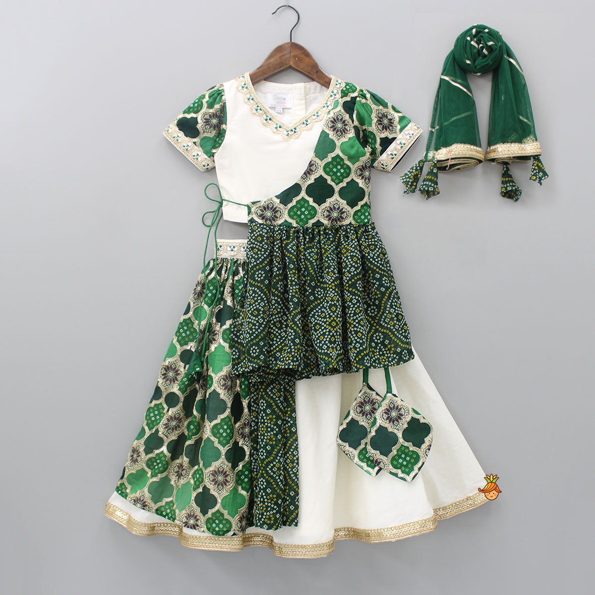 Pre Order: Bandhani Printed Dual Tone Flap Top And Lehenga With Green Gota Lace Work Dupatta