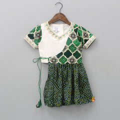 Pre Order: Bandhani Printed Dual Tone Flap Top And Lehenga With Green Gota Lace Work Dupatta