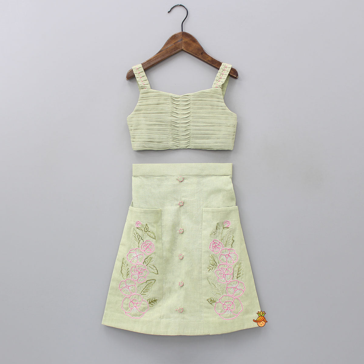 Pre Order: Smocked Back Green Pleated Top With Dual Pocket Skirt