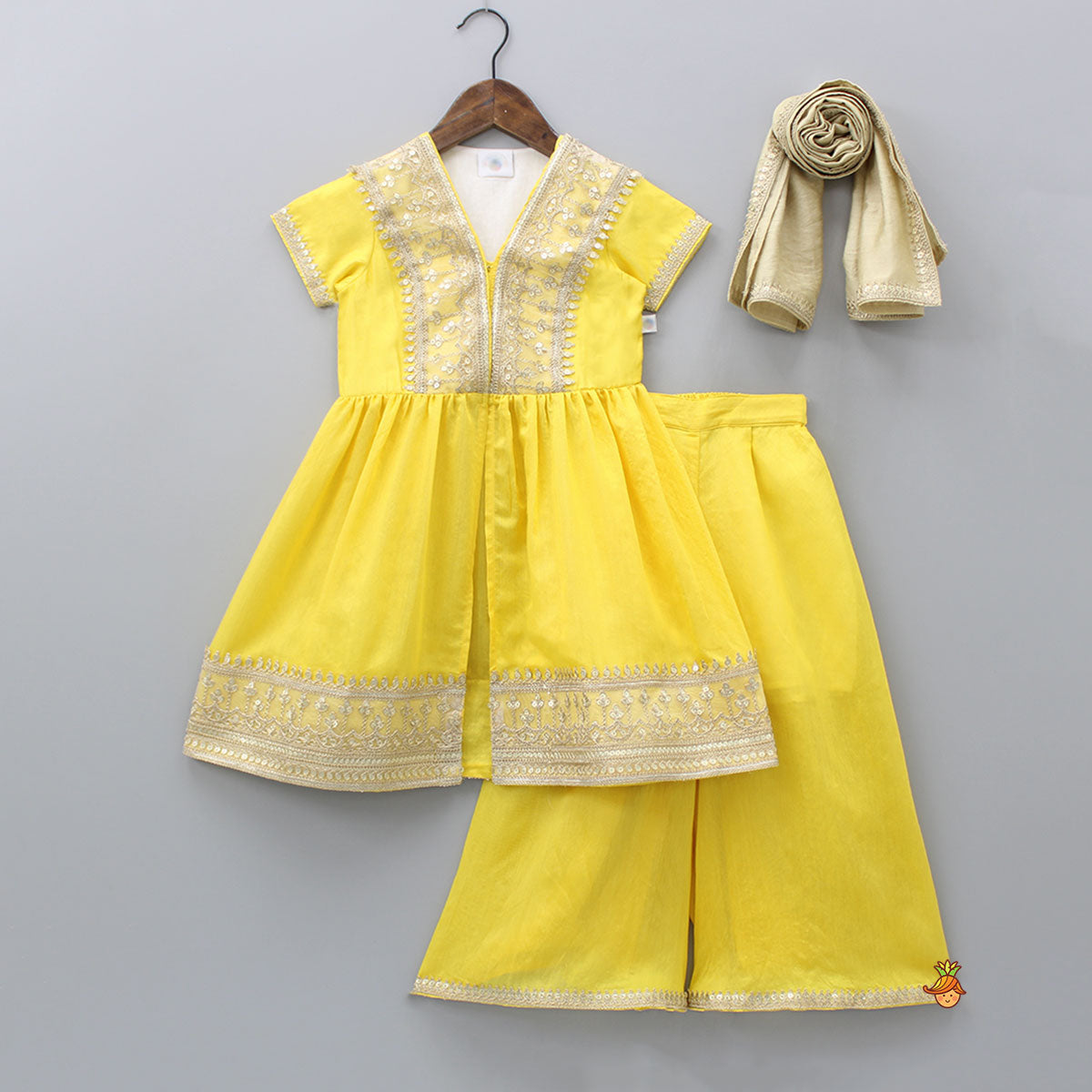 Pre Order: Front Slit Yellow Kurti And Flared Palazzo With Beige Dupatta
