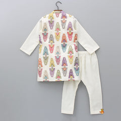Pre Order: Elegant Off White Mandarin Collar Kurta With Thread Embroidered Open Jacket And Pyjama