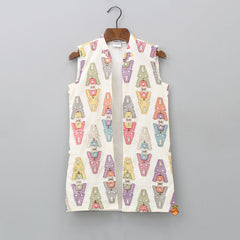 Pre Order: Elegant Off White Mandarin Collar Kurta With Thread Embroidered Open Jacket And Pyjama