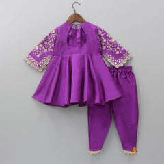 Pre Order: Potli Buttons Detail Front Open Purple Kurti And Dhoti With Net Dupatta