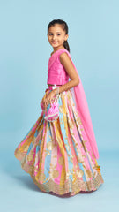 Pink One Shoulder Drape Style Top With Multicolour Sequins Embellished Lehenga