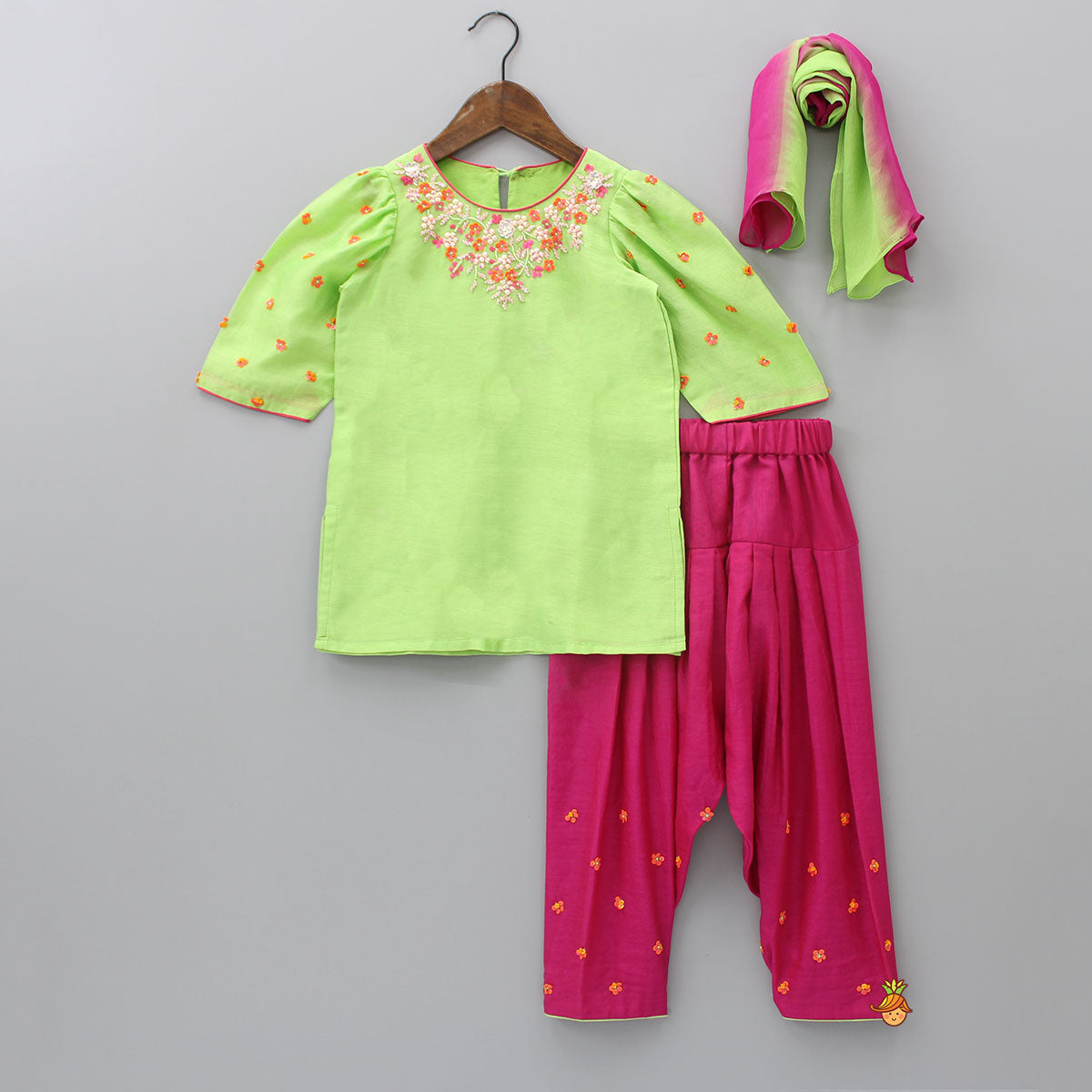 Pre Order: Cut Dana And Sequins Enhanced Green Kurti With Salwar And Dupatta