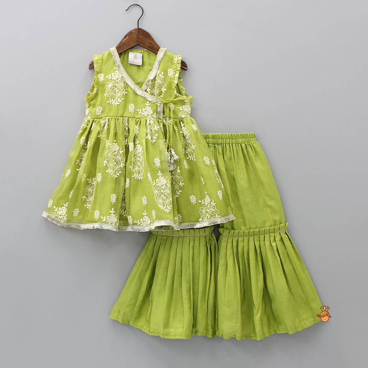 Pre Order: Green Silk Organza Embroidered Angarkha Kurti With Pleated Sharara