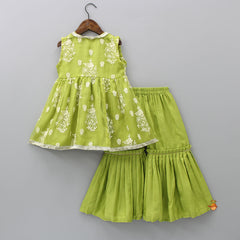 Pre Order: Green Silk Organza Embroidered Angarkha Kurti With Pleated Sharara
