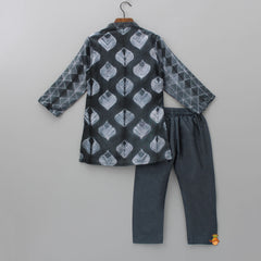Pre Order: Leaf Printed Black Kurta And Grey Pyjama