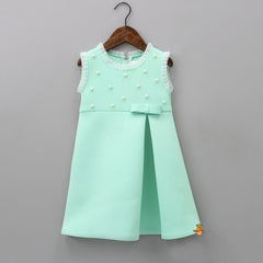 Pre Order: Charming Pearls Embellished Green Scuba Dress With Matching Bowie Hair Clip