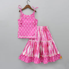 Pre Order: Pink Cotton Kurti And Sharara With White Chiffon Dupatta